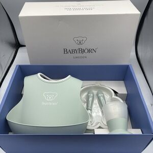 Baby Bjorn Dinner Set Light Green White Plastic Bib Cup Bowl Fork Spoon